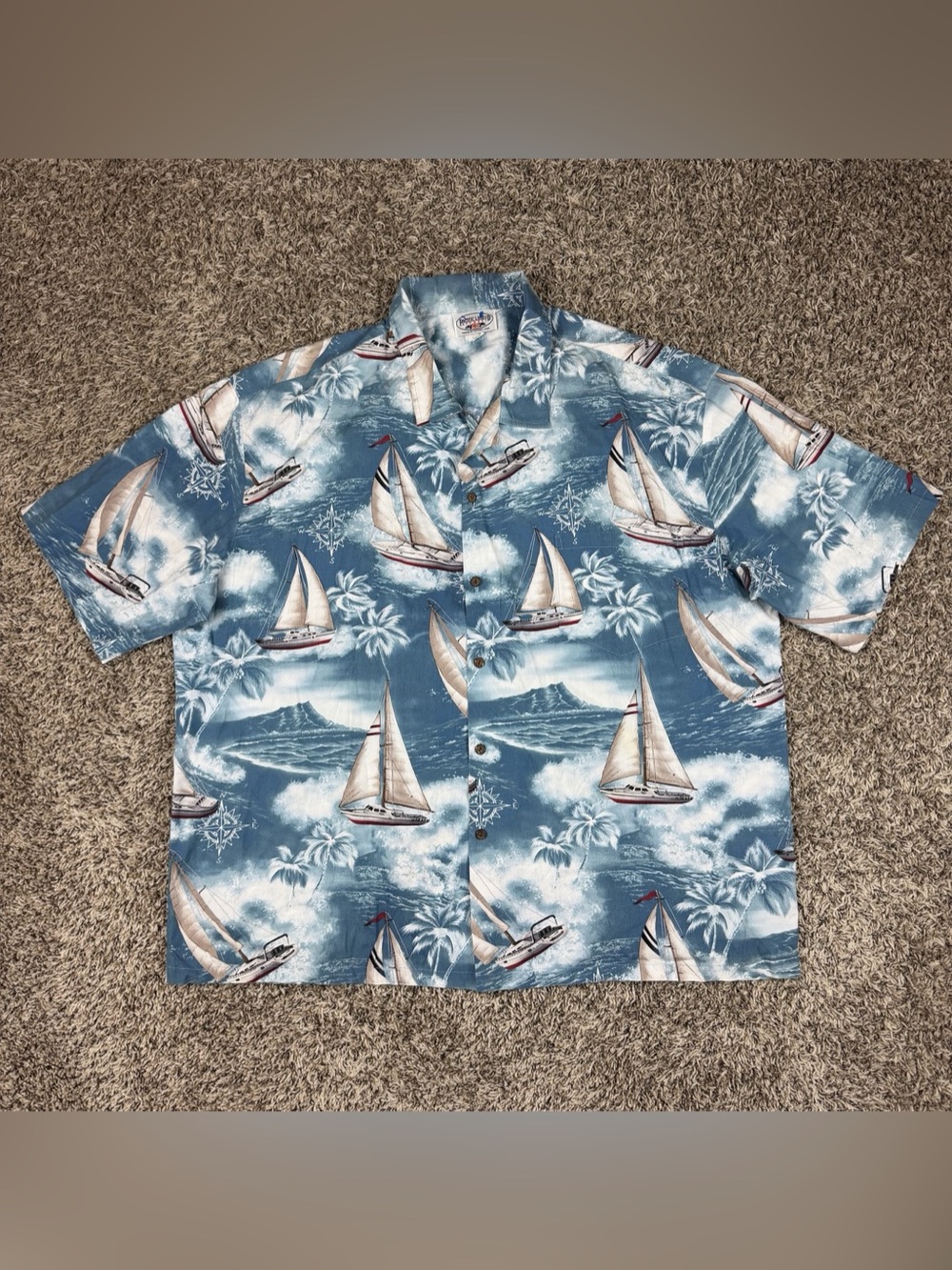 Pacific Legend Hawaiian Shirt 3XL Vintage Blue Sailboat Tropical Summer USA